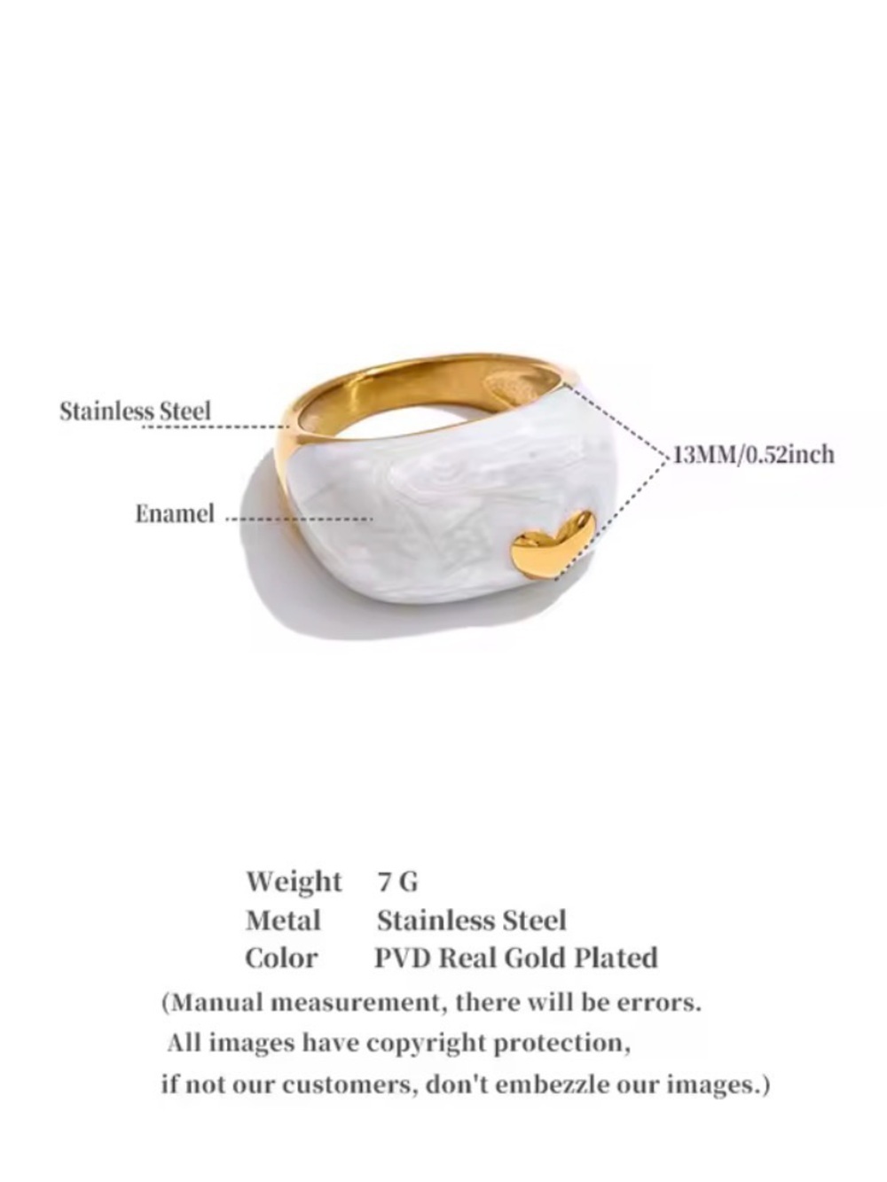 18K gold plated White Marbled Dome Ring with Gold Heart - Picture 9 of 9